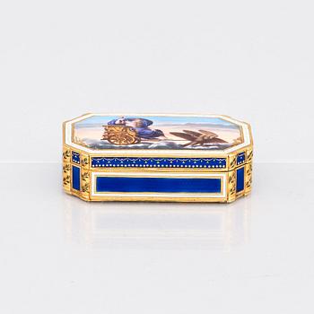 An early 19th century gold and enamel box, unidentified makers mark, possibly Hanau, Empire.