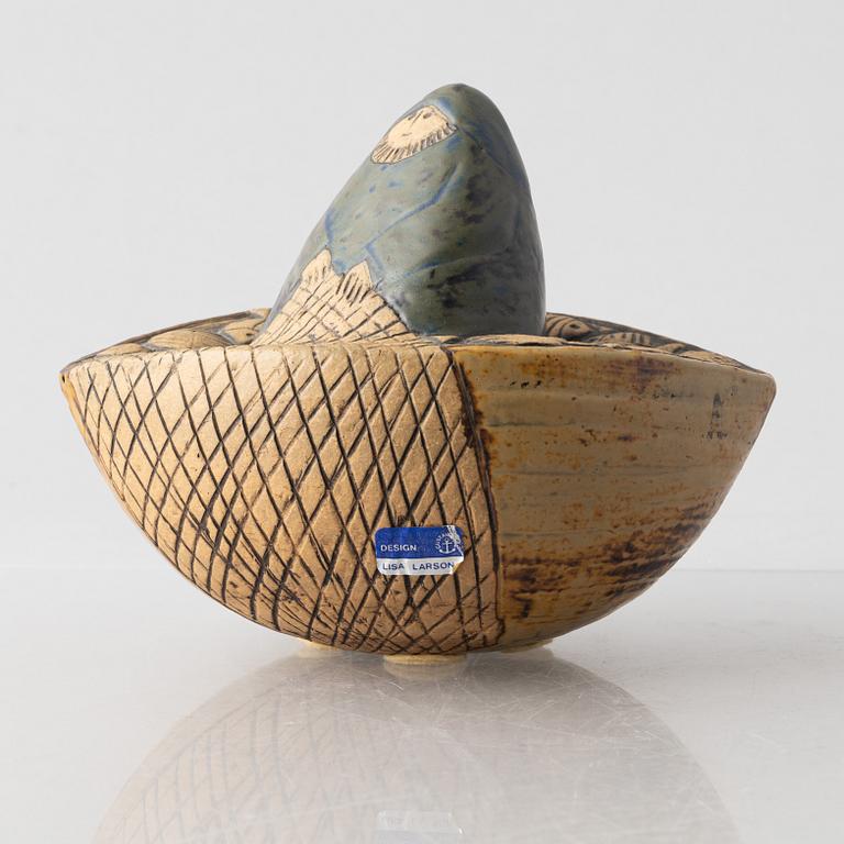 Lisa Larson, a stoneware sculpture, 'Fiskare i båt' (Fisherman in a boat), Gustavsberg.