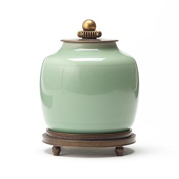 Knud Andersen, A Knud Andersen stoneware jar with patinated bronze cover and stand, Royal Copenhagen, Denmark.