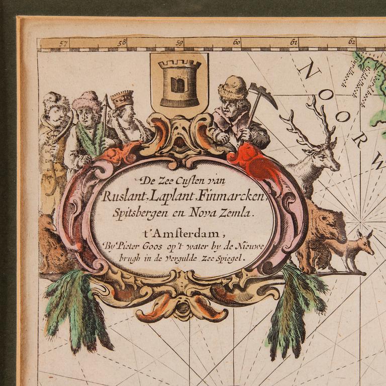 KARTA, handkolorerad, Pieter Goos, Amsterdam 1600-tal.