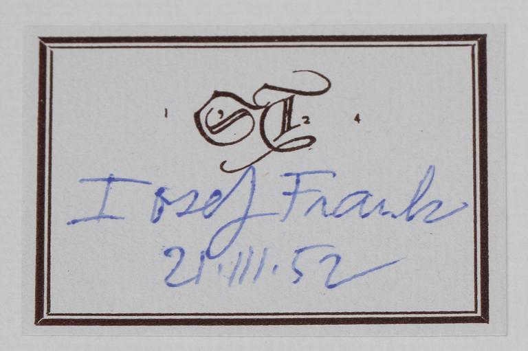 BOK, "Josef Frank, tjugo år i Svenskt Tenn", Nationalmusei utställningskatalog 188, 1952.