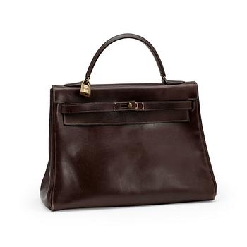 HERMÈS, a brown calf leather "Kelly 32" bag from the 1960s.