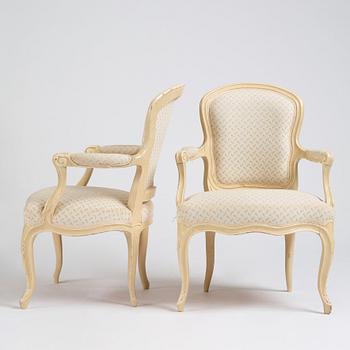 A pair of Swedish Rococo armchairs, second part of the 18th century.