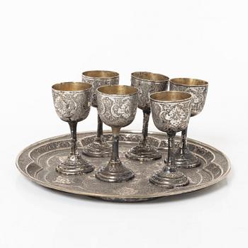 Six silver cups and tray, silver, Iran, 20th century.