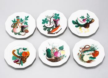 Six porcelain small plates by Colette Gueden for Limoges, second quarter of the 20th century.