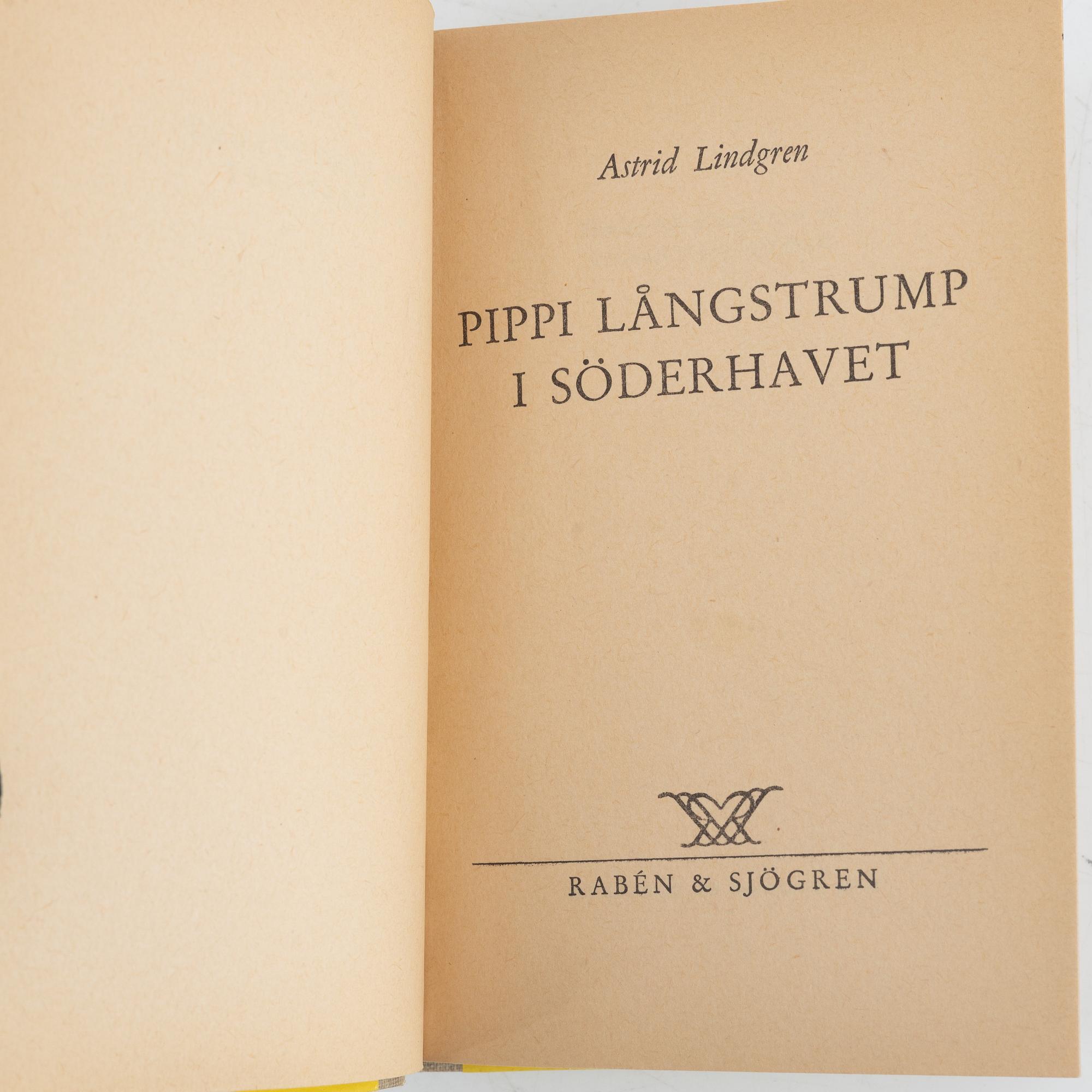 Böcker, 3 st, Astrid Lindgren, Pippi Långstrump, Först upplagor, Rabén & Sjögren, Stockholm, 1945-48.