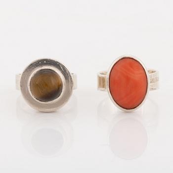 Hansen, two silver rings, coral and tiger's eye.