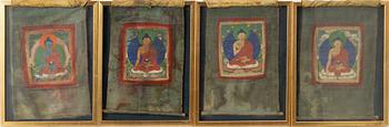 Unidentified artists, Buddhist motifs, four pieces, Tibet, 20th century.