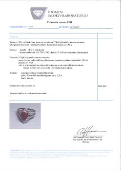 Sormus, 18K valkokultaa, timantteja n. 1,84 ct yht ja rubiini n. 3.50 ct.