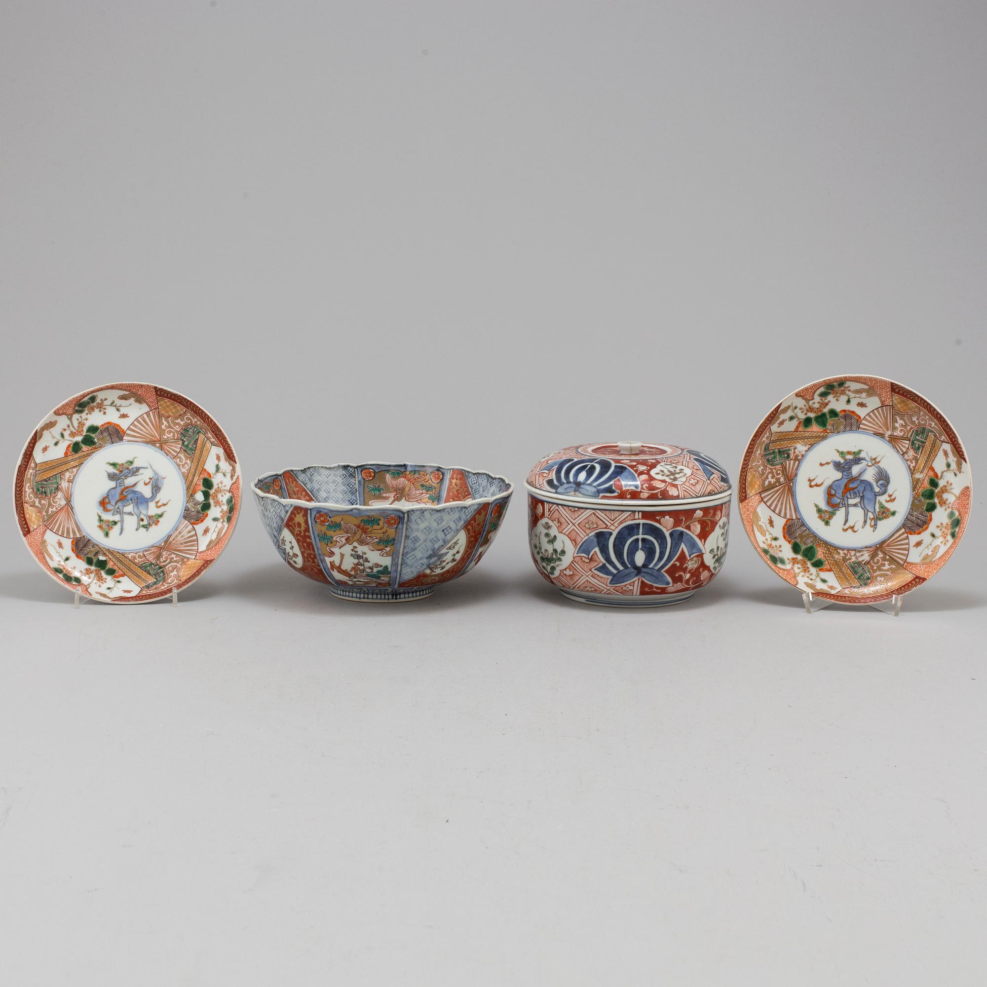 An imari bowl with cover, bowl, and a pair of dishes, Japan, Meiji (1868-1912).