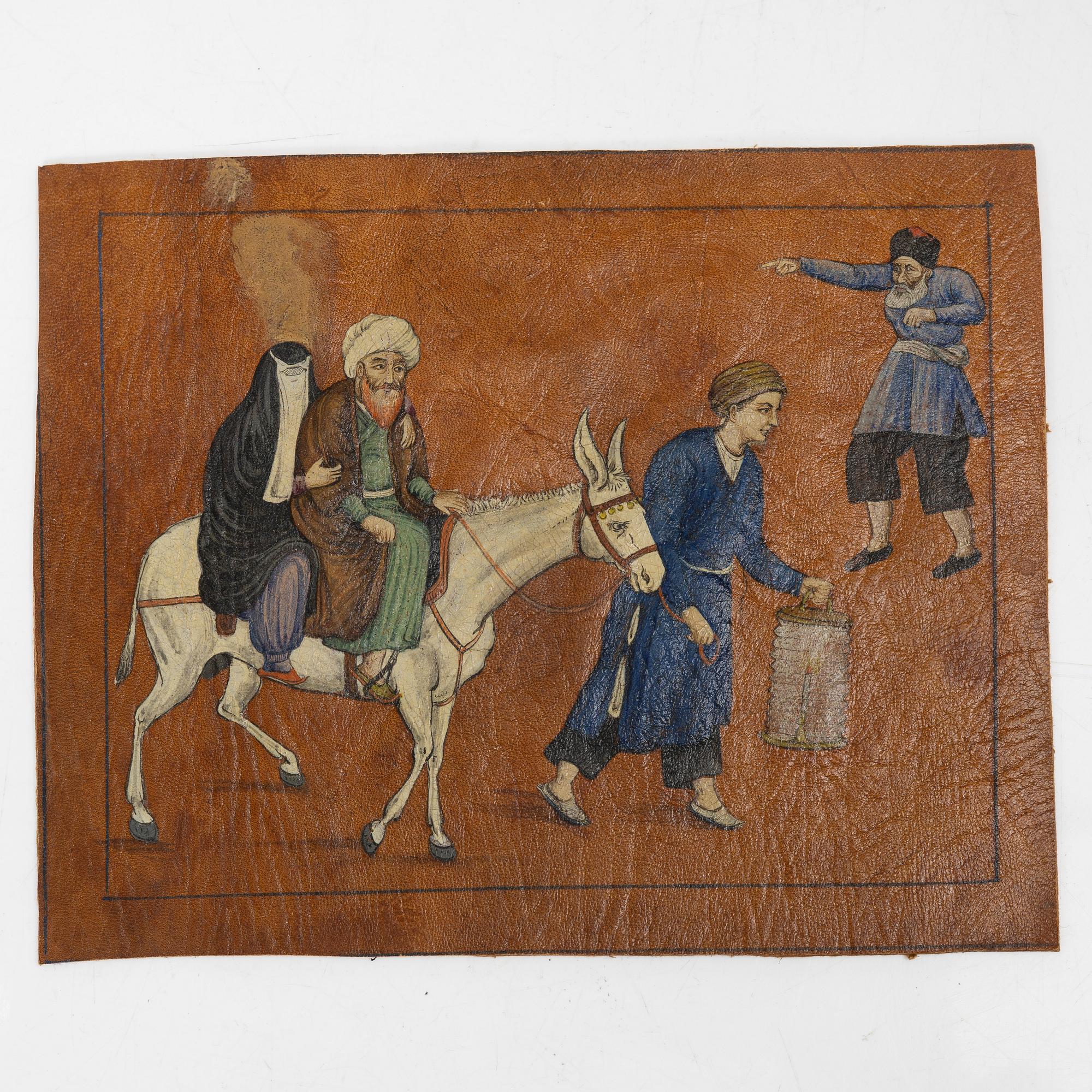 Unidentified artist, three paintings on leather, Iran, late Qajar dynasty/20th century.