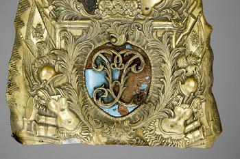 MÖSSPLÅT, till paradmitra, för Peter III livgrenadjärer förgylld mässing, Ryssland, 1756-62.
