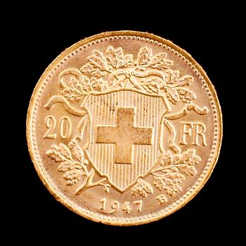 GULDMYNT, 900, Helvetia, 20 fr, 1947. Vikt ca 6 g.