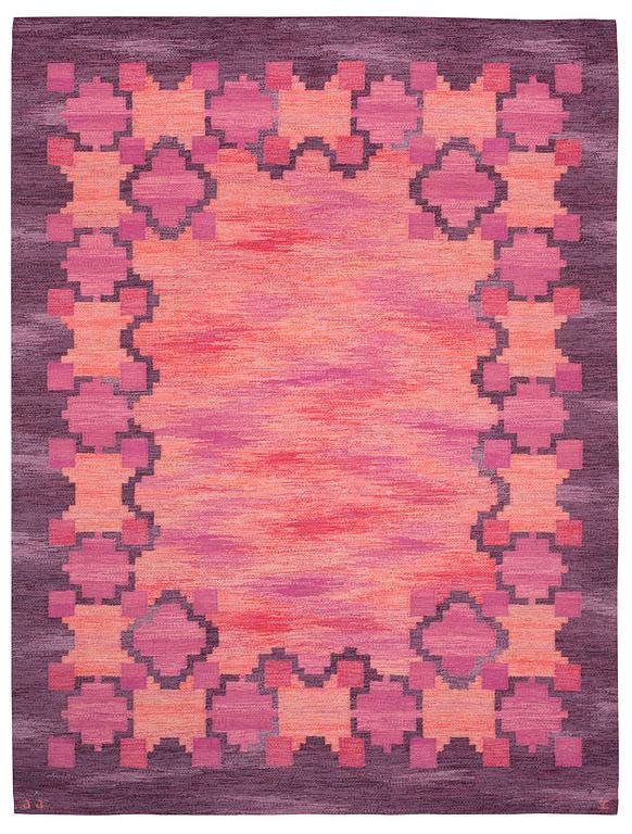 CARPET. "Rosengård". Flat weave (Rölakan). 264 x 196 cm. Signed JJ EE (?).