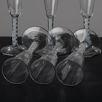 A matched set of six champagne flutes, England, 18th Century.