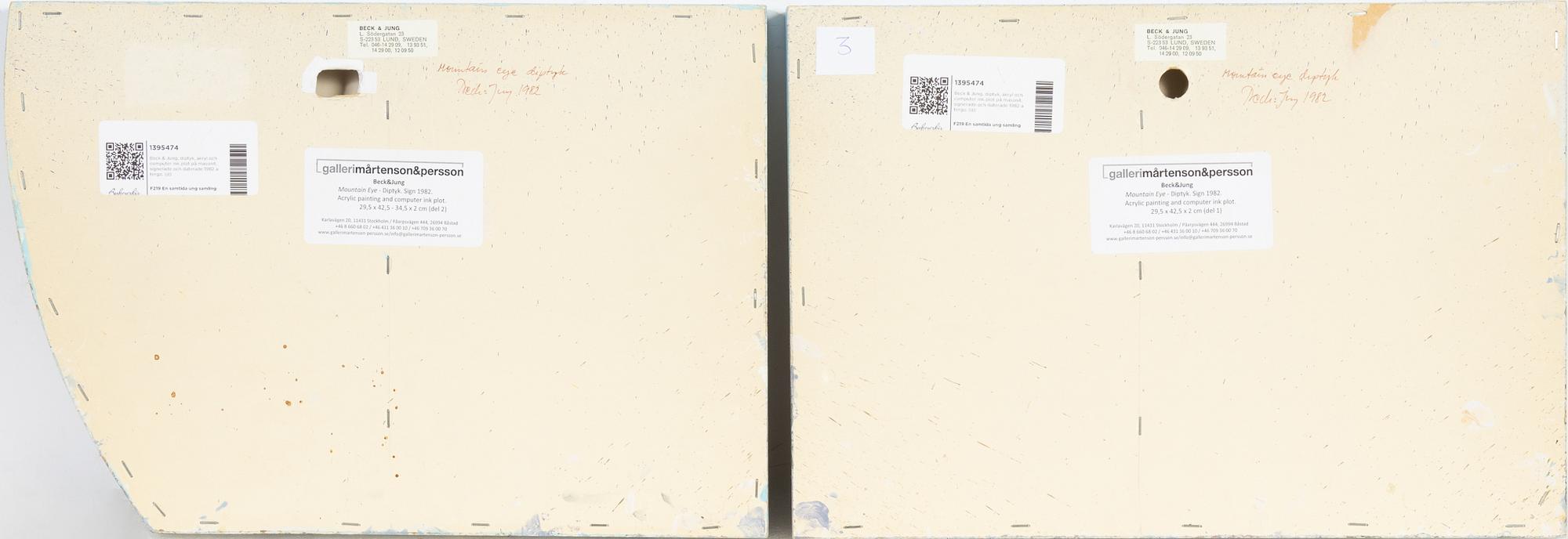 Beck & Jung, diptych, acrylic and computer ink plot on masonite, signed and dated 1982 verso.