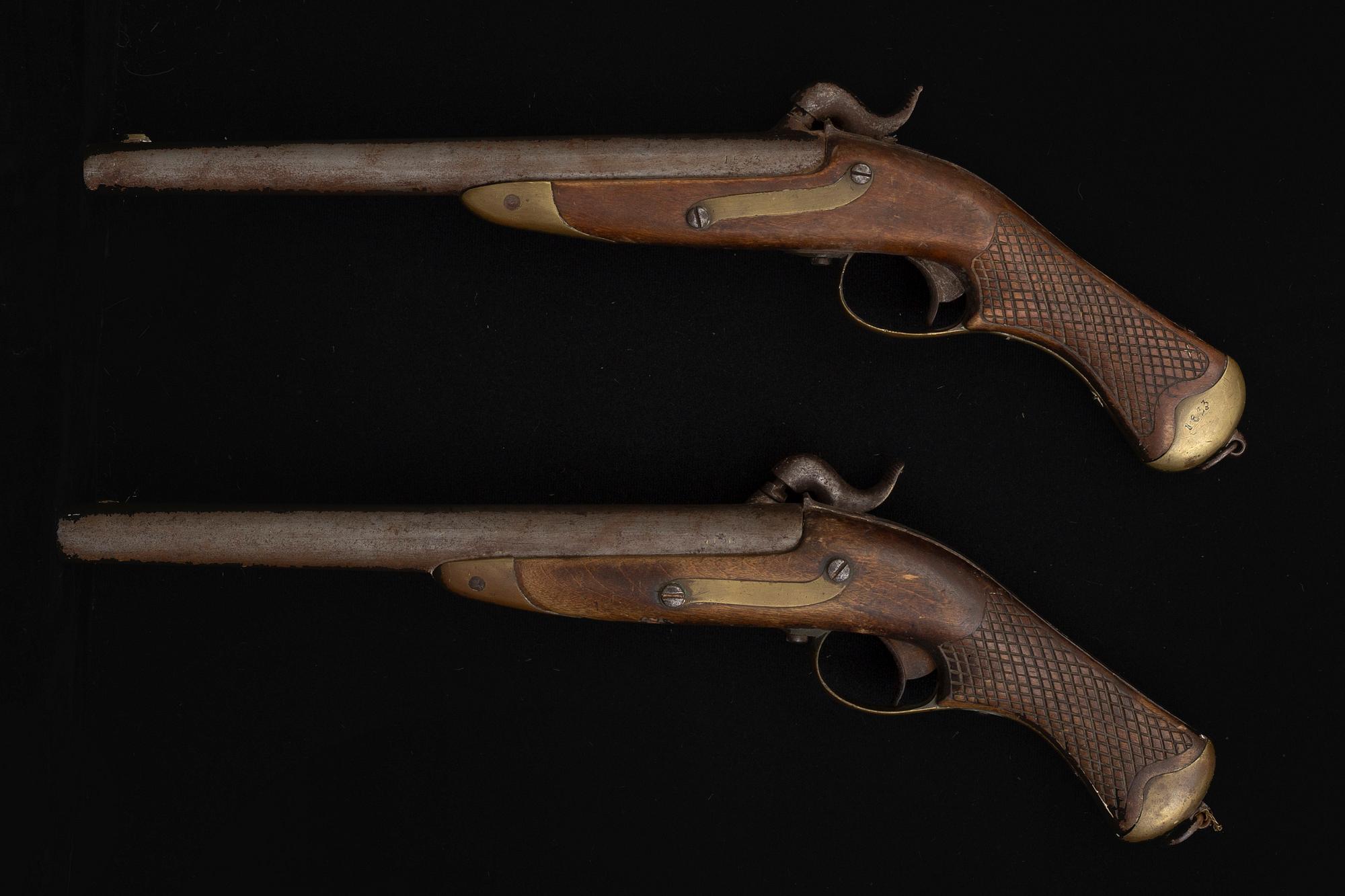 Two Swedish cavalry percussion lock pistols model 1850, marked 1852.