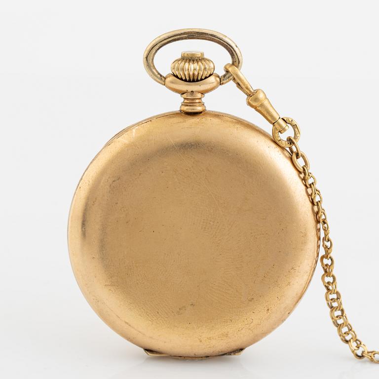 Mido, pocket watch, hunter, 14K gold, chain in 18K gold, 52 mm.