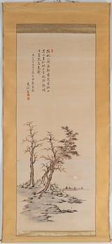 Three Japanese hanging scrolls, ink and colour on paper, signed incl. 充满唐 and dated 1920.