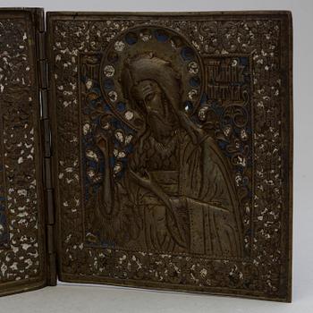 A RUSSIAN BRONZE TRIPTYCH ICON, 19th century.