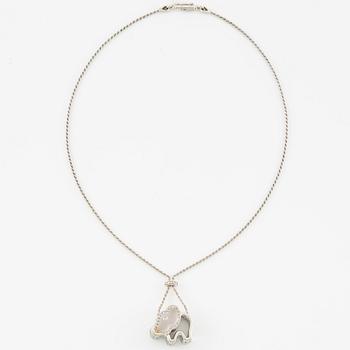 Necklace in 18K white gold with a white stone likely rock crystal and round brilliant-cut diamonds, in the shape of an elephant.
