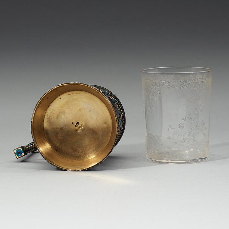 A Russian 19th century silver-gilt and enamel tea-glass holder, unidentified makers mark, Moscow 1880's.