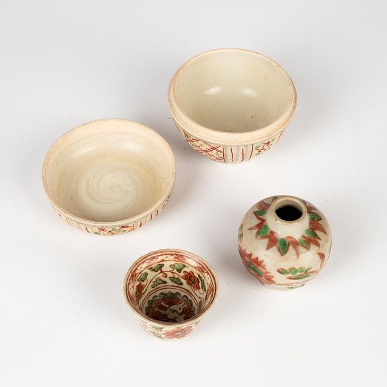 A jar with cover, a cup and a pot, for the South East Asian market, 14th/17th Century.