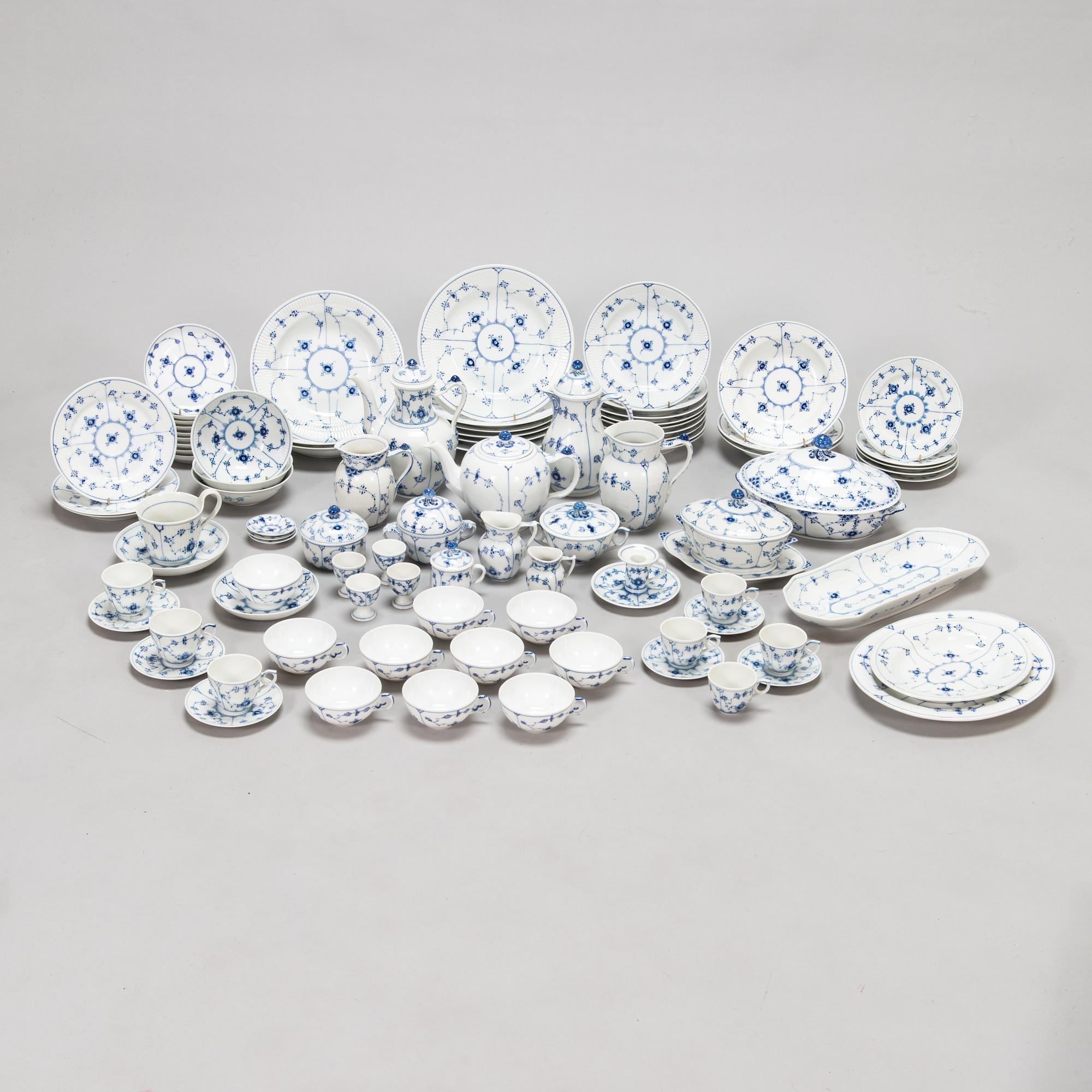 A 73-piece 'Blue Fluted Plain' porcelain tableware set, Copenhagen, Denmark, mostly 1940s-60s.