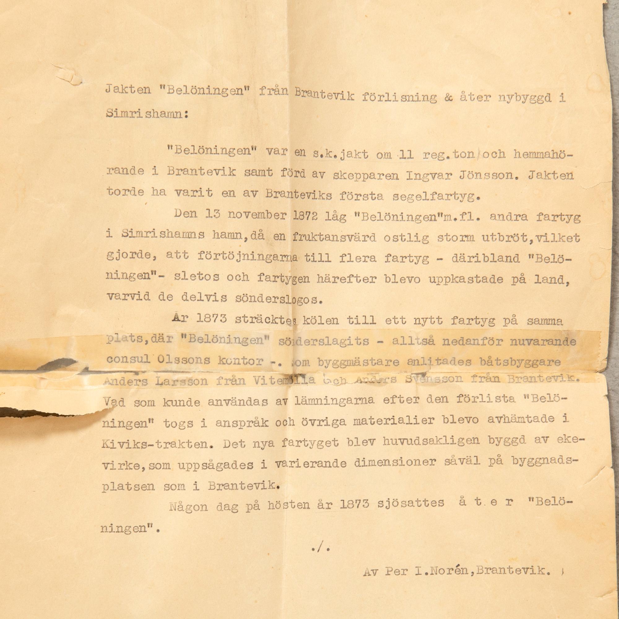 Unknown artist 20th century, "The ship Belöningen, Brantevik".