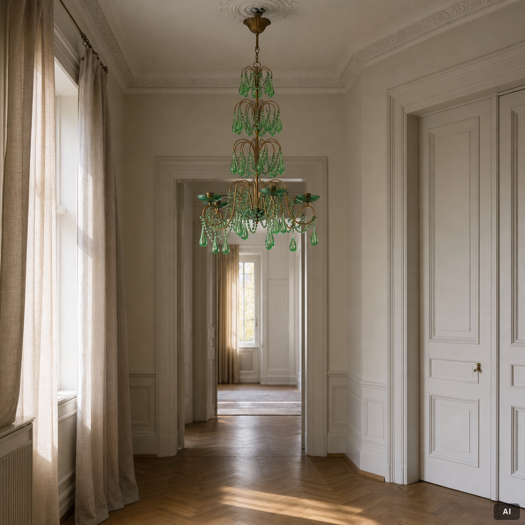 A chandelier, likely from Italy, circa 1950.