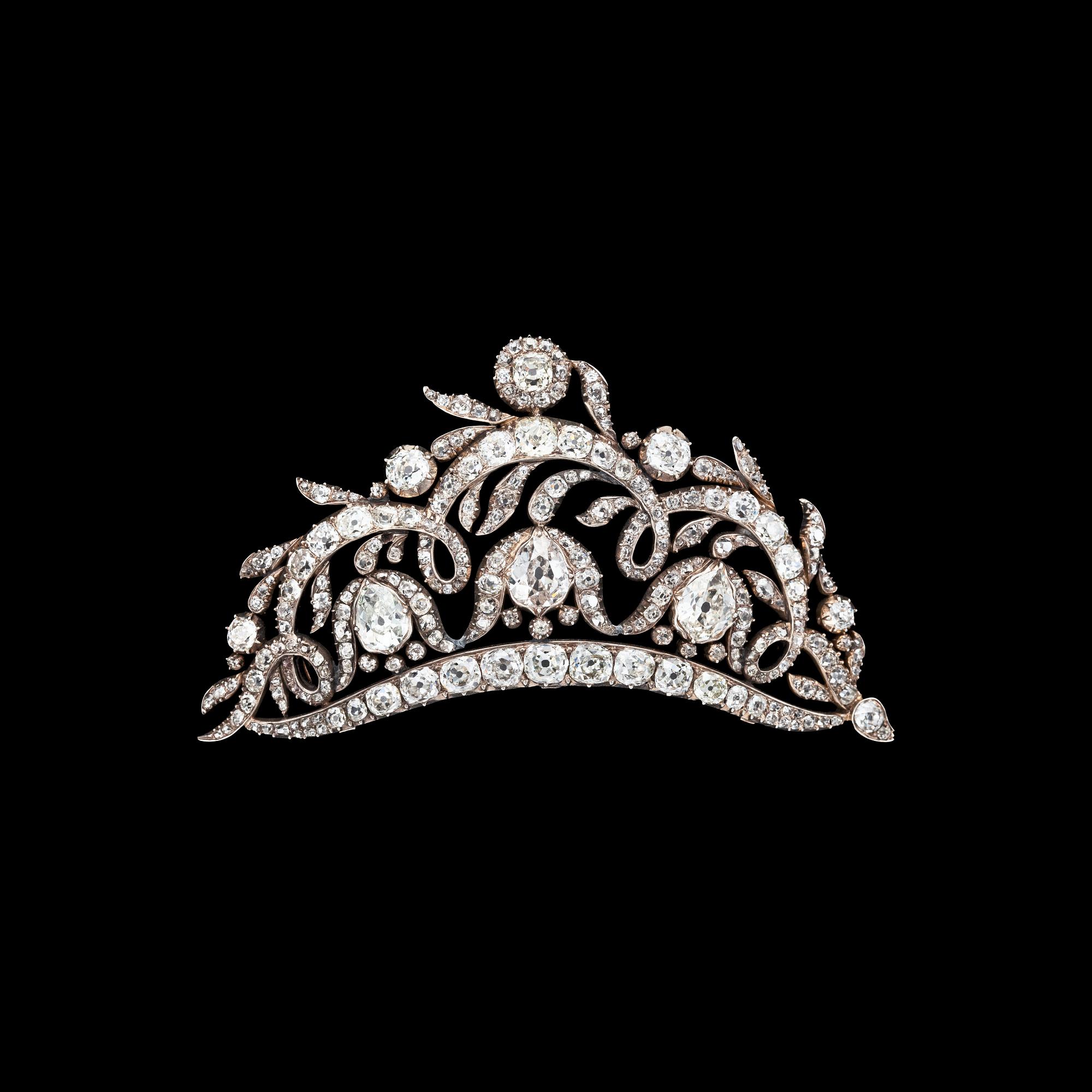 DIADEM/BROSCH, runda och droppformade antikslipade diamanter, tot. ca 20 ct. 1800-talets mitt.