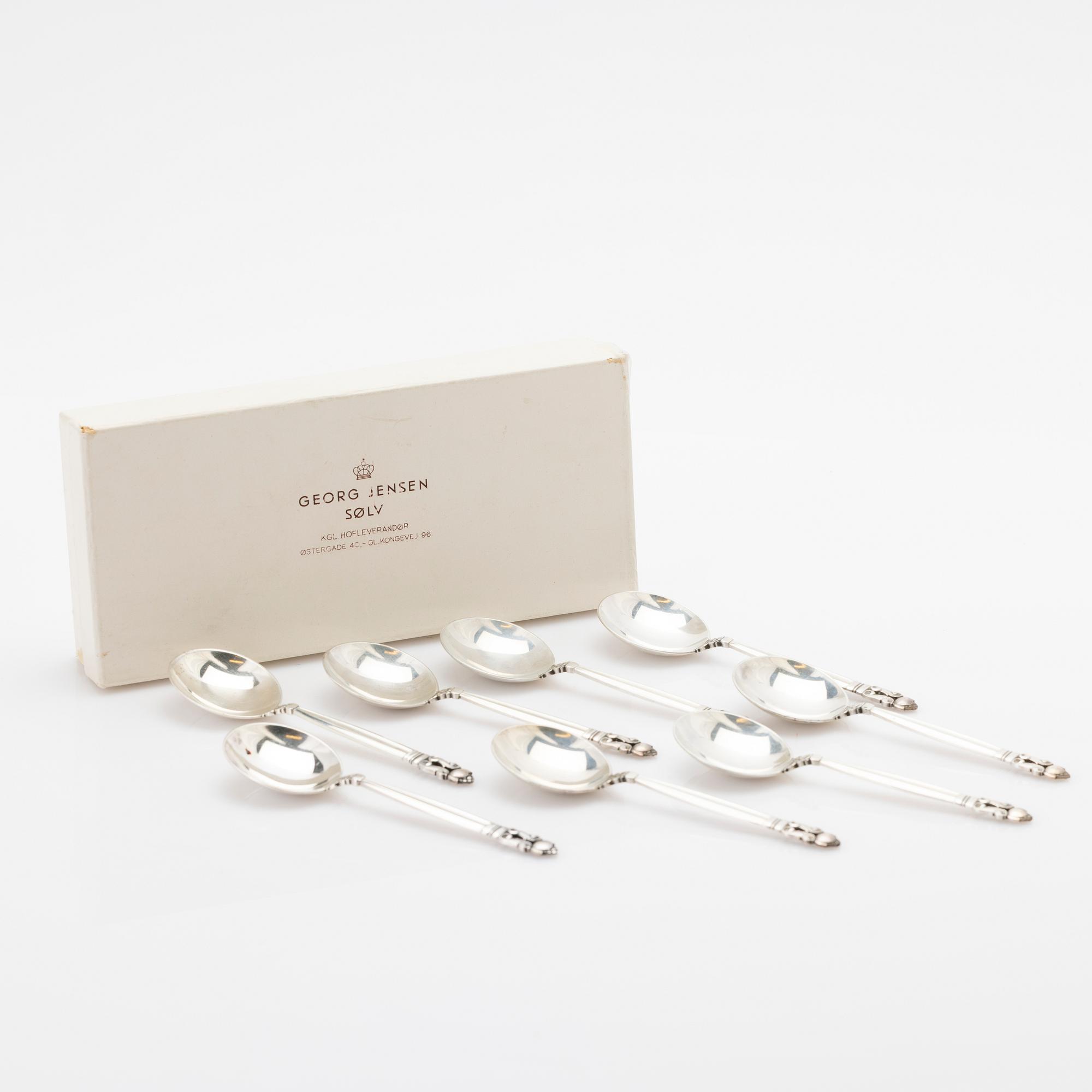 Johan Rohde, Soup spoons, 8 pcs, sterling silver, “Konge” / “Acorn”, Georg Jensen, Denmark, post-1945.