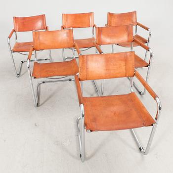 A set fo six Italian late 20th century chrome and leather armchairs.