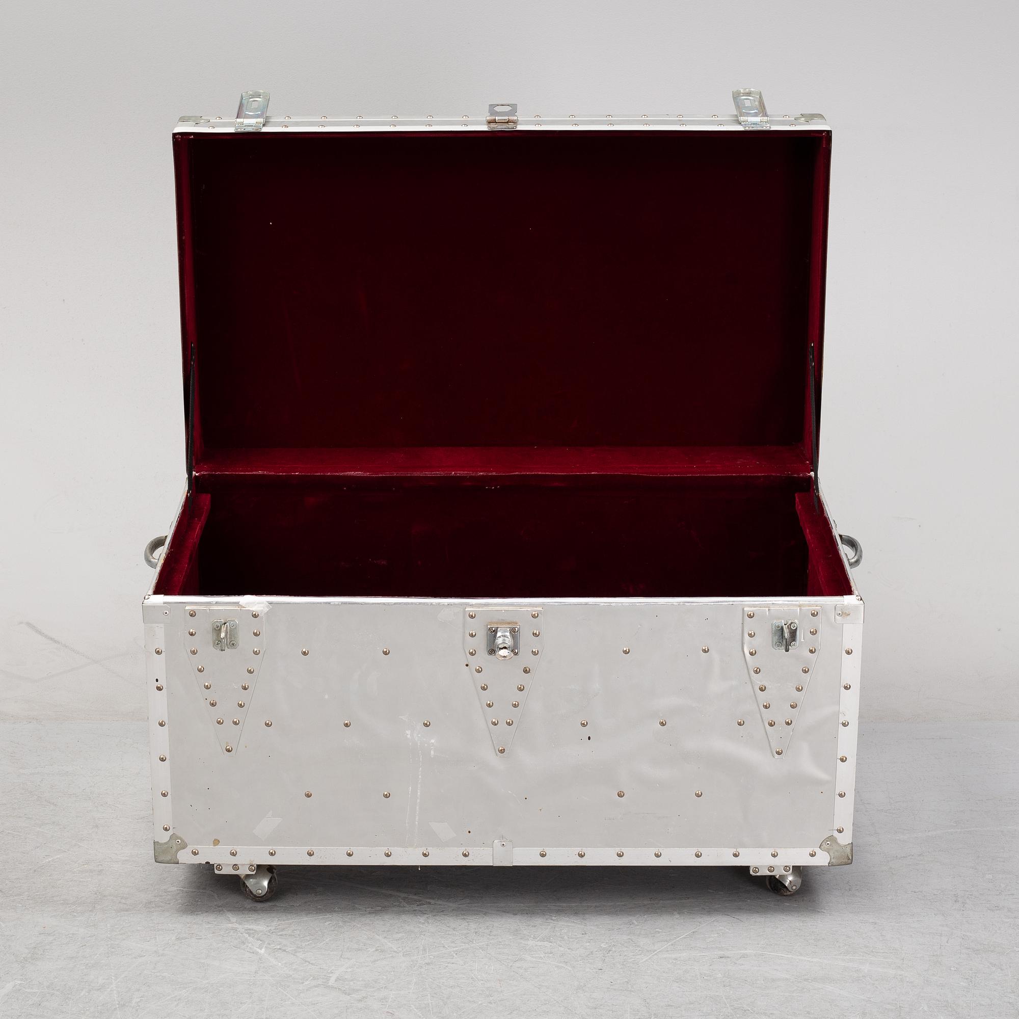 A large metal storage box on wheels, 20th Century.