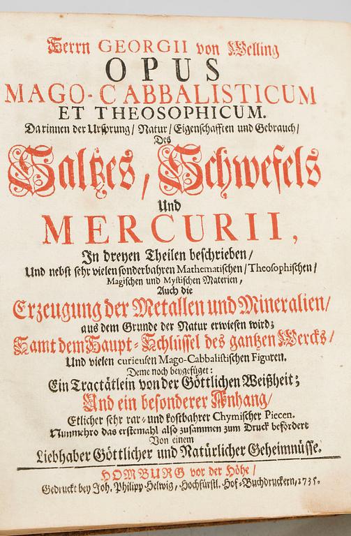 BOK, "Opus Mago Cabbalisticum et Theosophicum..." av Georg von Welling, Homburg 1735.