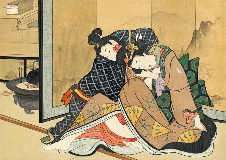 KONSTNÄR FRÅN UTAGAWA SKOLAN,
Shunga album, Japan, sen Edo (1603 - 1868) eller Meiji (1868-1912).
12 målningar på siden.