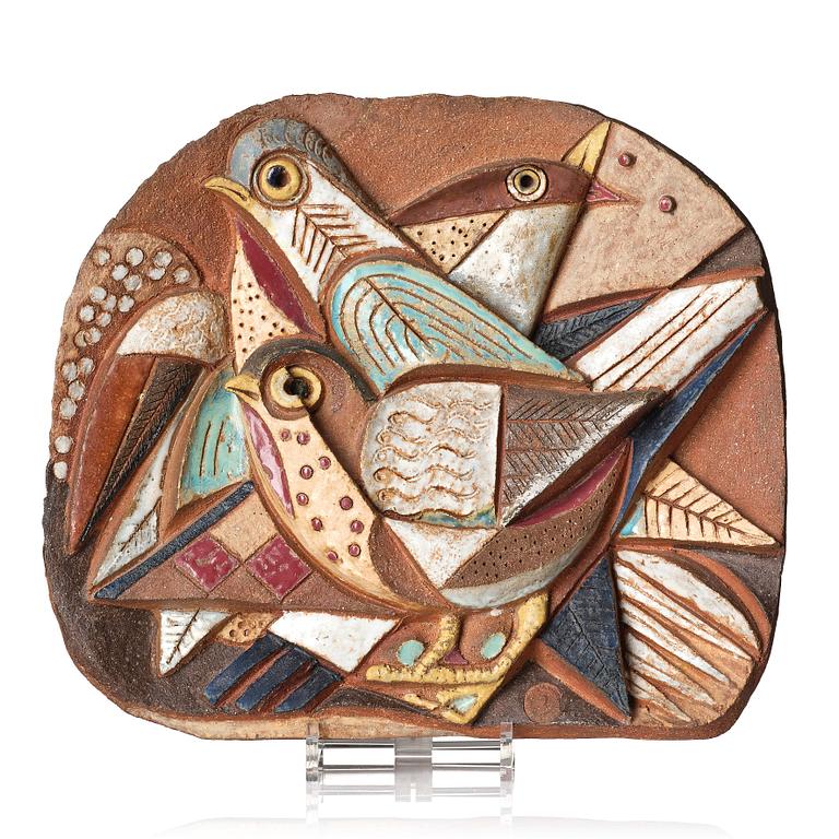 Tyra Lundgren, a stoneware wall relief, birds, own studio, Sweden.