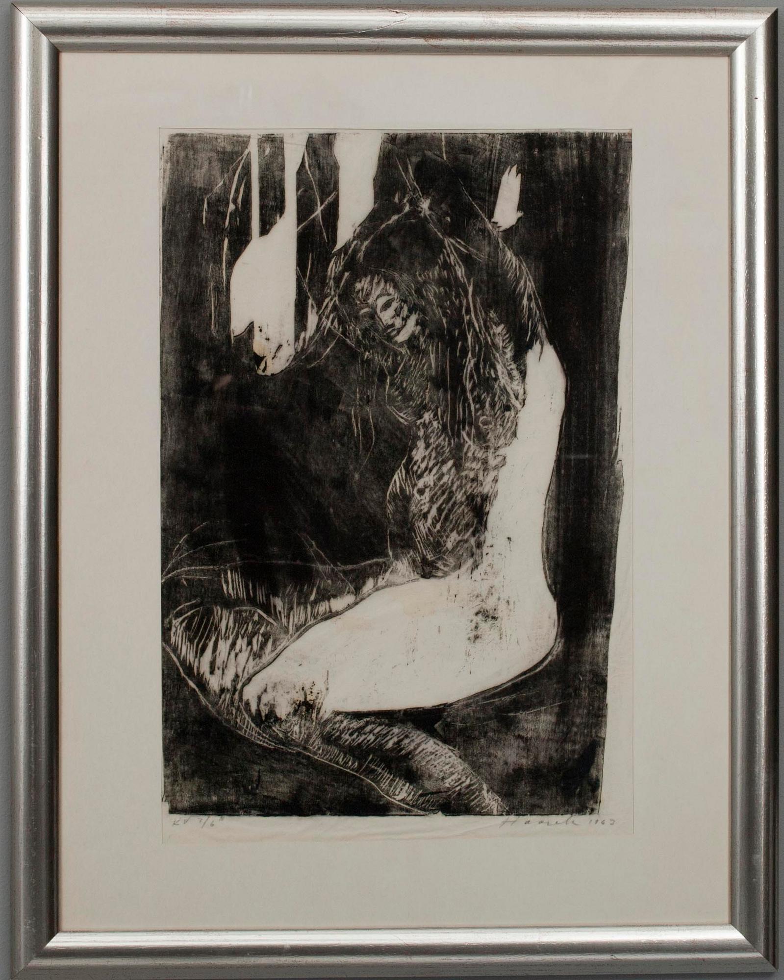 OLAVI HAARALA (SUOMI), puupiirros, koevedos, 3/6, sign. ja päiv. 1963.