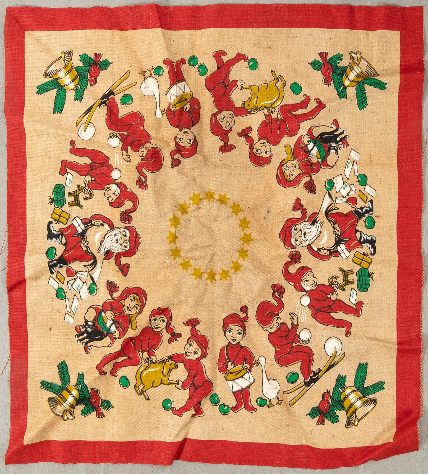 A collection of Christmas tablecloths, Christmas tree skirts, an apron, and runners, 21 pcs, 20th century.