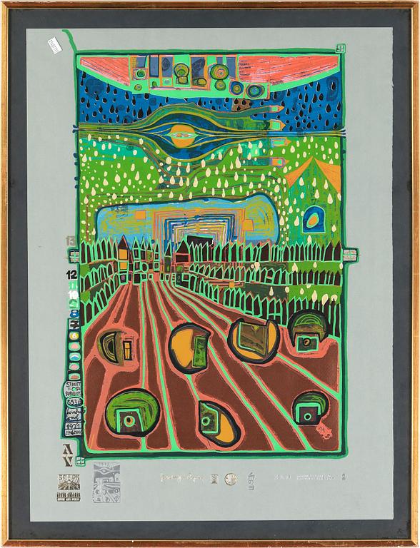 FRIEDENSREICH HUNDERTWASSER, färgseriegrafi, stämpelsignerad, otydligt numrerad.