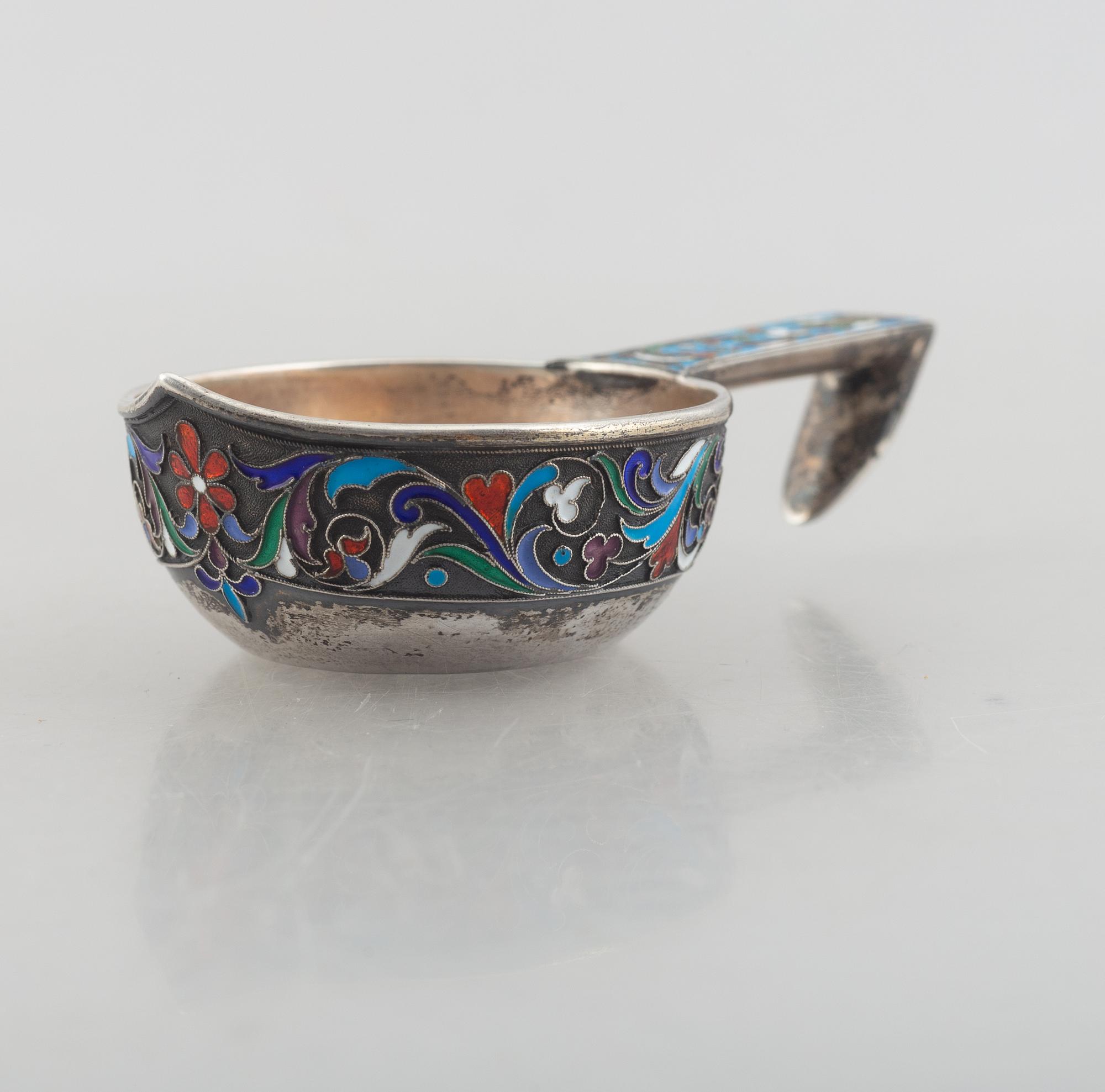 A Russian silver and enamel kovsh, 1896-1908.