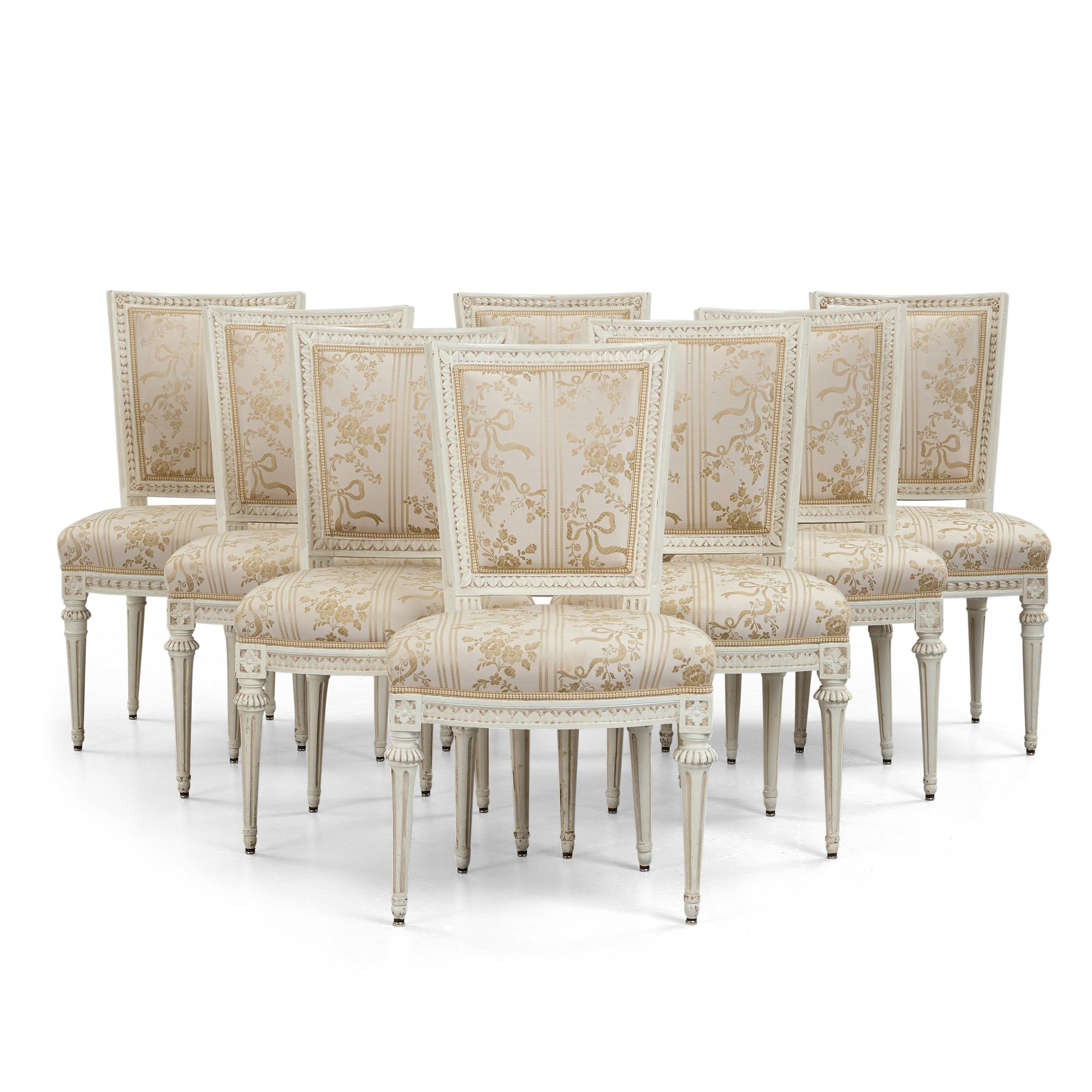 Eight (5+3) matched Gustavian late 18th century chairs.