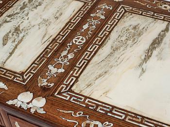 A Chinese writng desk with stone placques and mother of pearl inlay, late Qing dynasty.