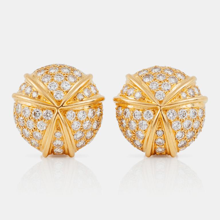 A pair of brilliant-cut diamond earrings. Diamond total carat weight circa 3.50 cts.  Signed Harry Winston.