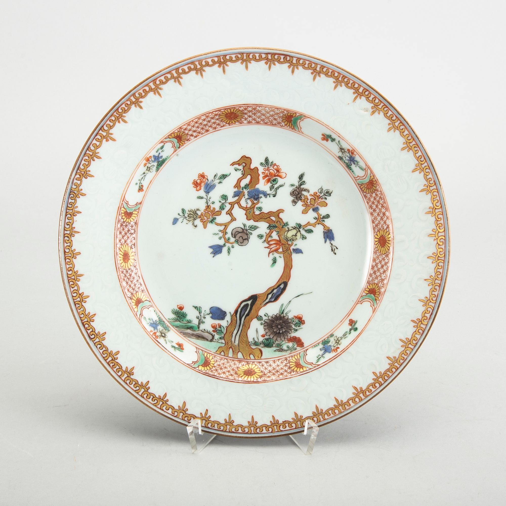 A Chinese Qianlong porcelain plate and dish in famille rose colours.