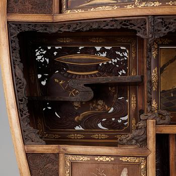 A Japanese black and gilt lacquer, mother of pearl and bone inlaid hardwood Shodona, Edo period.