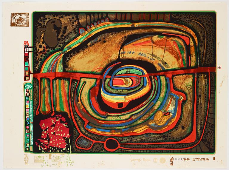 Friedensreich Hundertwasser, the complete portfolio comprising 10 silkscreens in colours with metallic imprints.