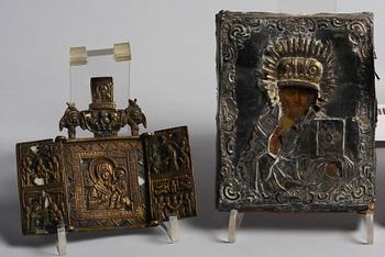 IKONER, 4 st, trä, mässing, silver, bla S:t Petersburg sent 1800-tal.