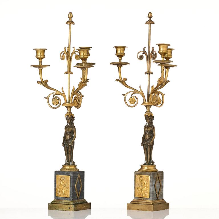 A pair of late Gustavian ormolu and marble three-light candelabra, Stockholm, late 18th century.