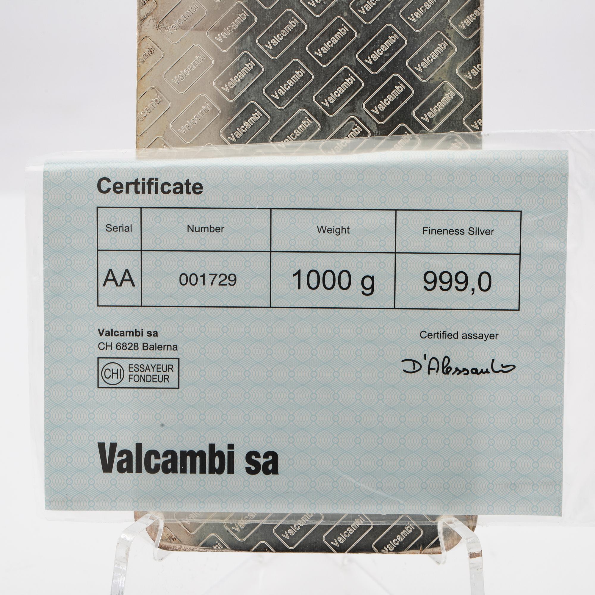 Silver bar 1kg 999 Valcambi Suisse.